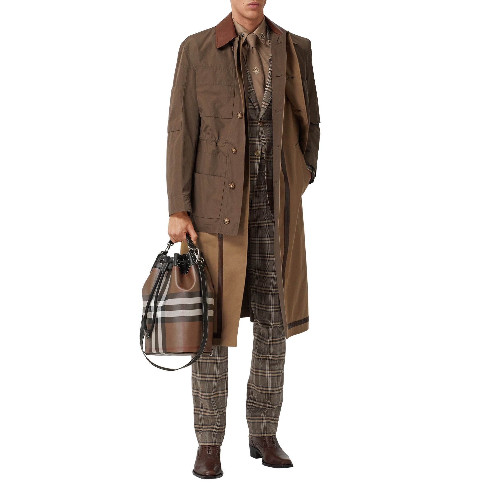 Cabas en cuir check avec cordon de serrage - Dark Birch Brown