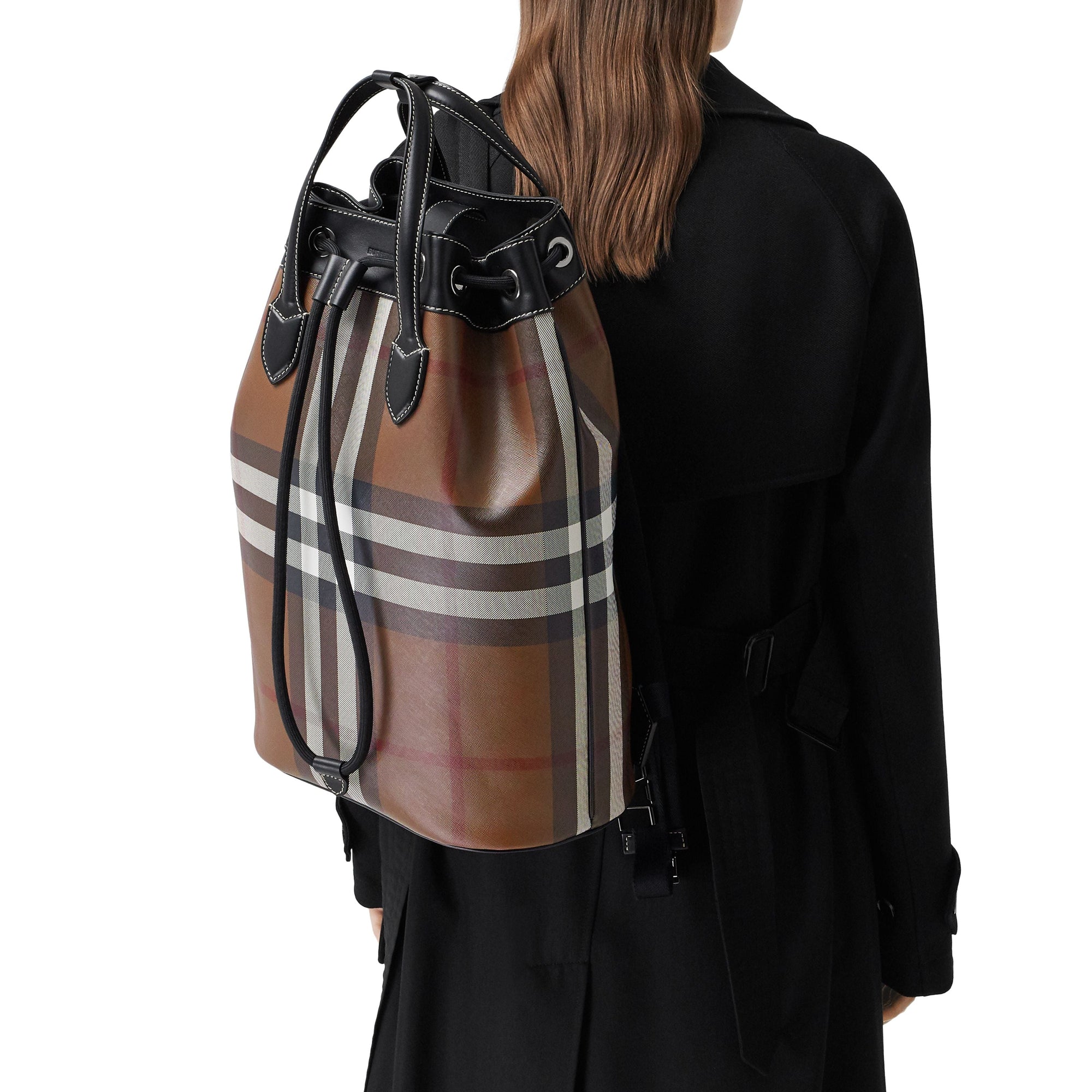 Sac à dos avec cordon de serrage en cuir check - Dark Birch Brown