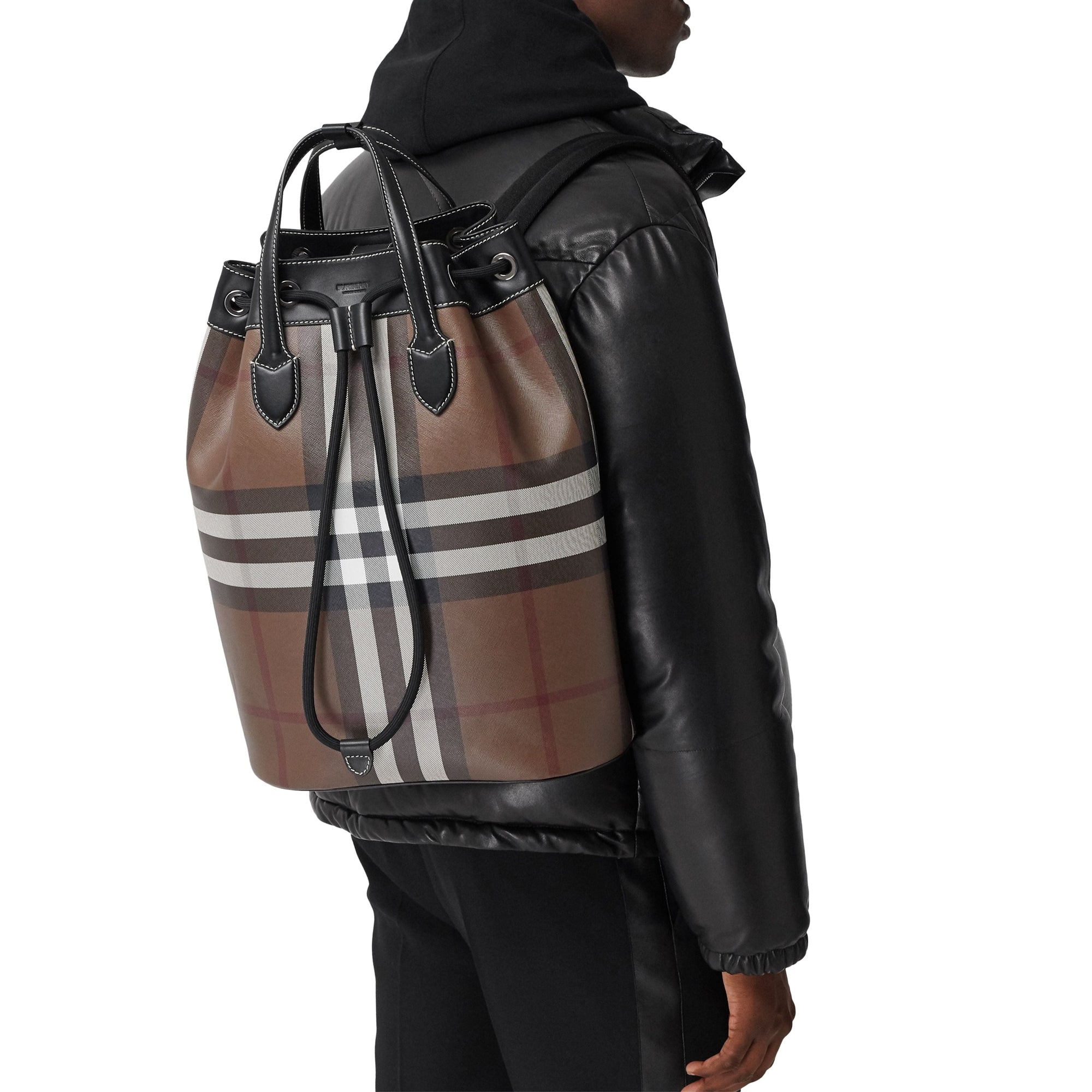 Sac à dos avec cordon de serrage en cuir check - Dark Birch Brown