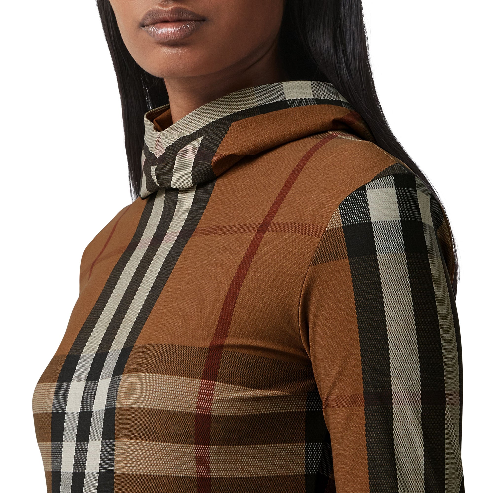 Haut à capuche en jersey stretch check - Birch Brown