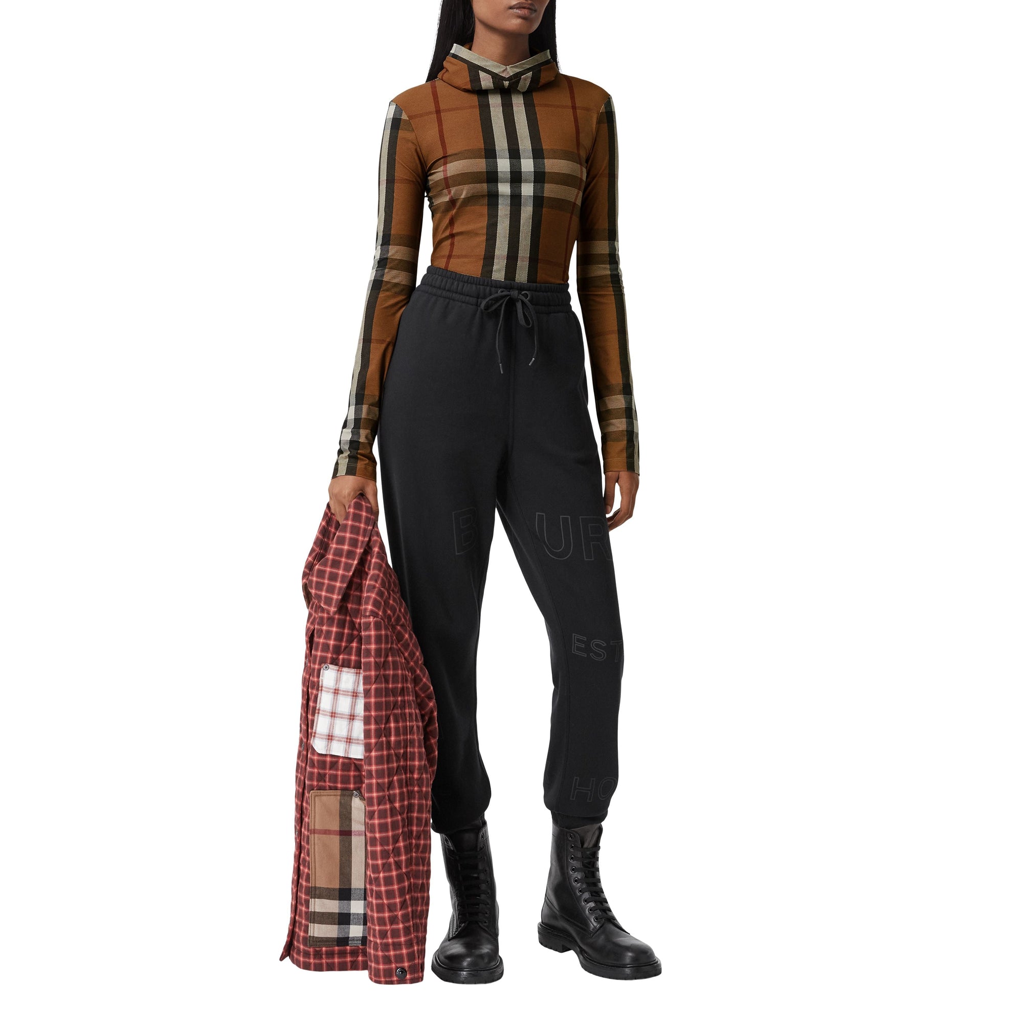 Haut à capuche en jersey stretch check - Birch Brown