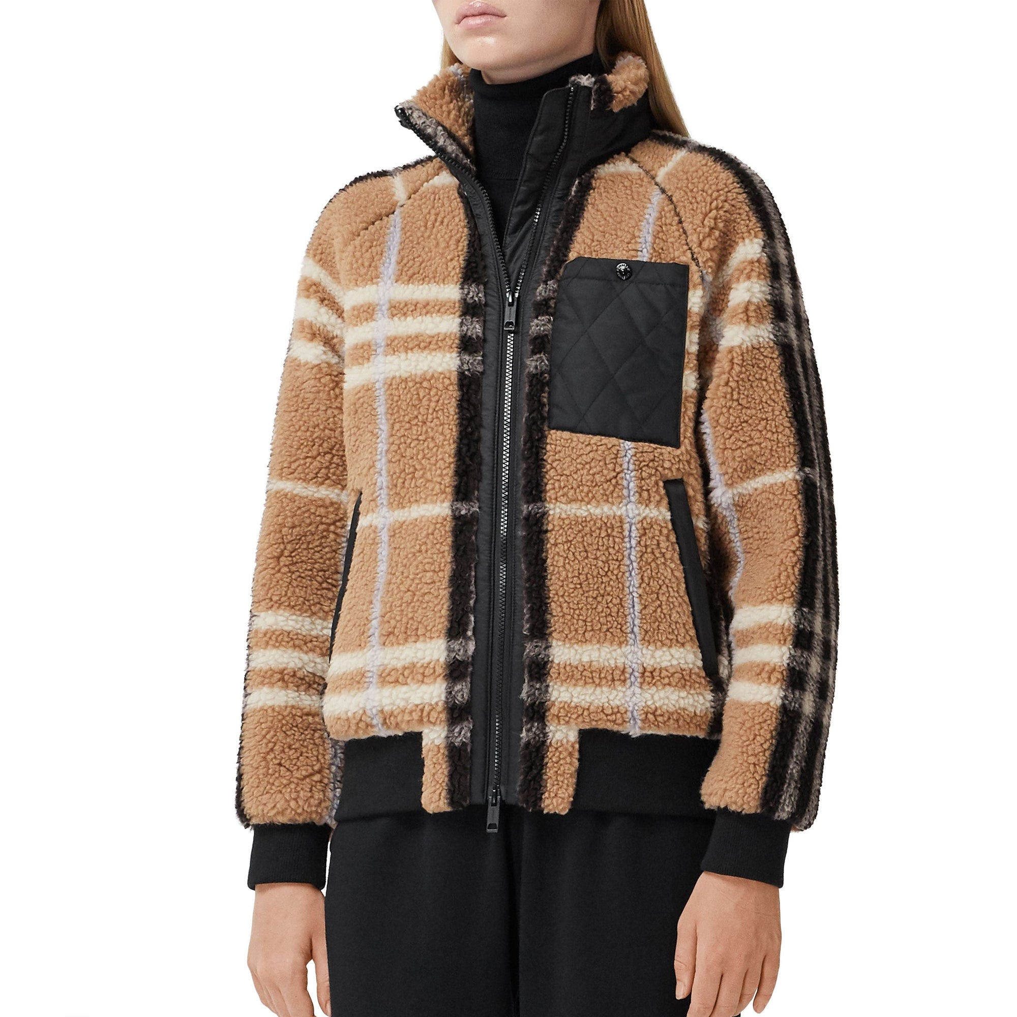 Veste en jacquard molletonné check avec panneau matelassé - Pale Blue