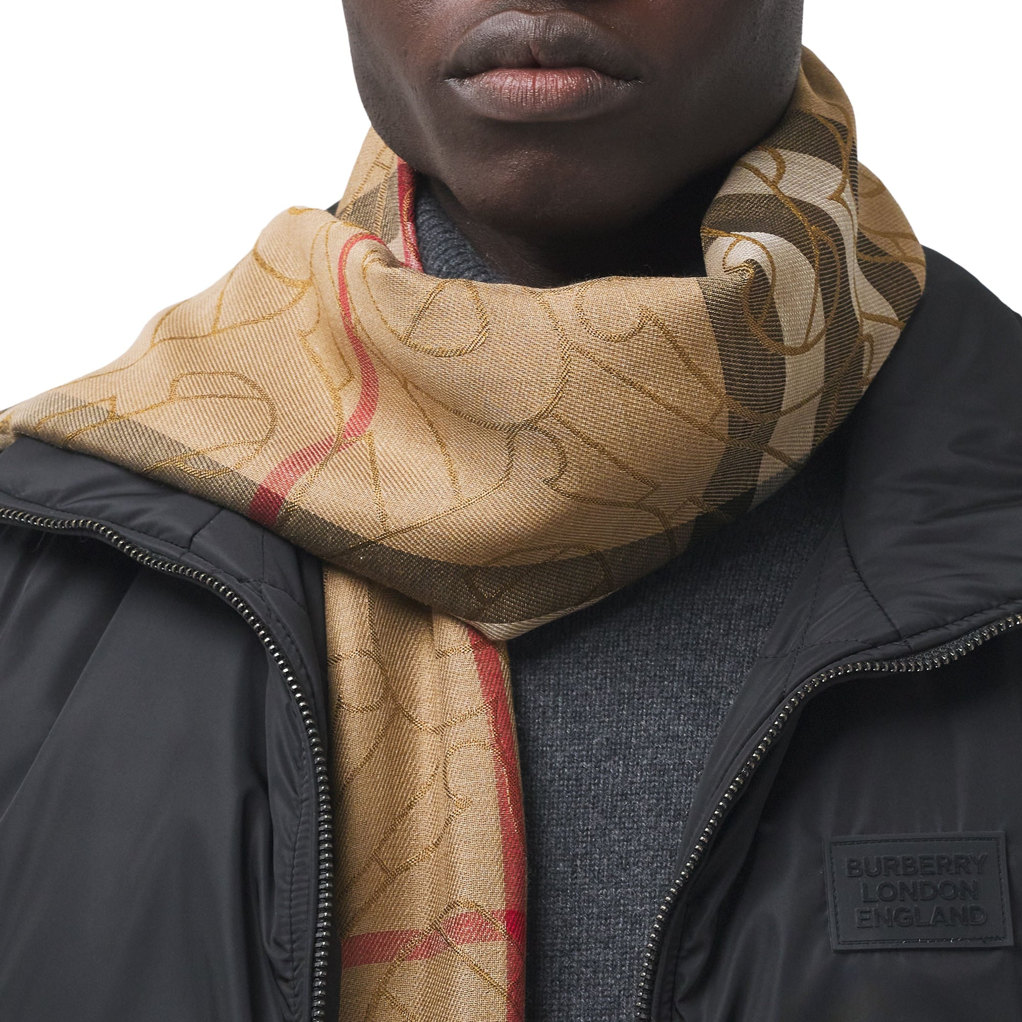 Écharpe légère en soie et laine check métallisée Monogram - Archive Beige