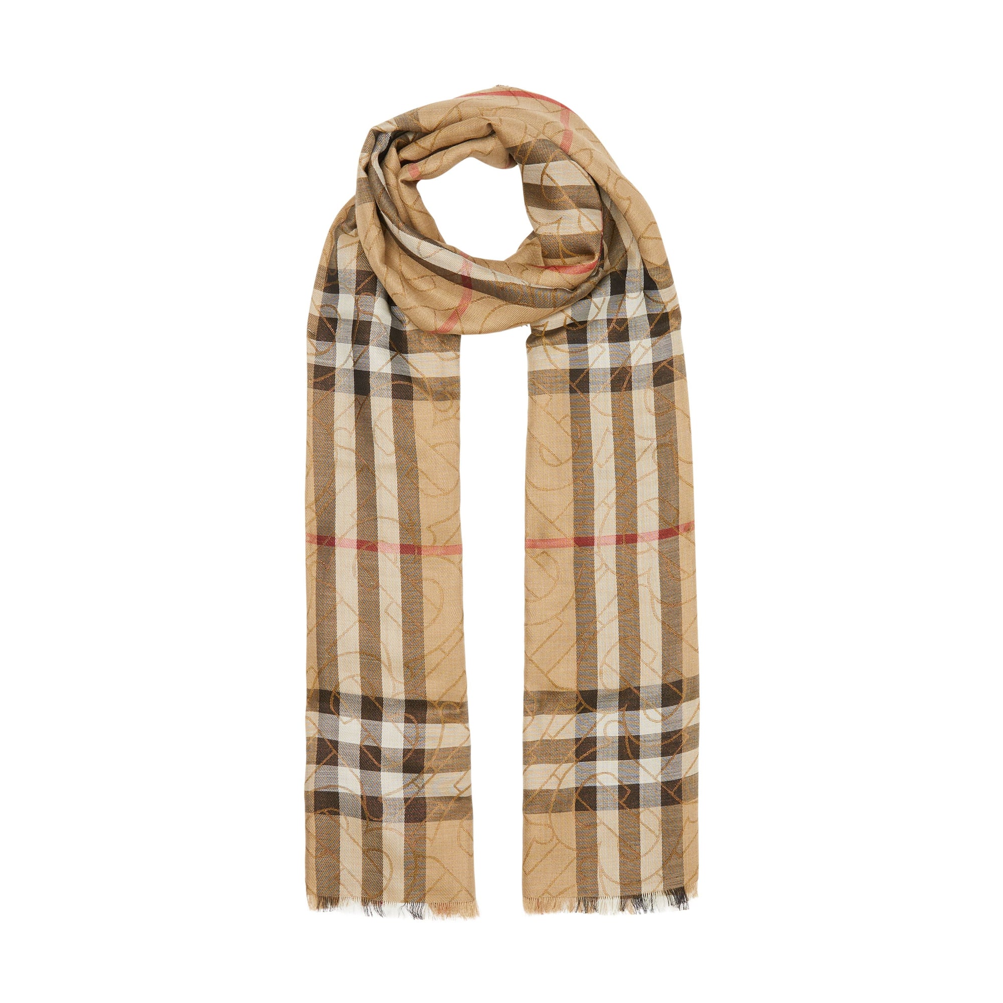 Écharpe légère en soie et laine check métallisée Monogram - Archive Beige