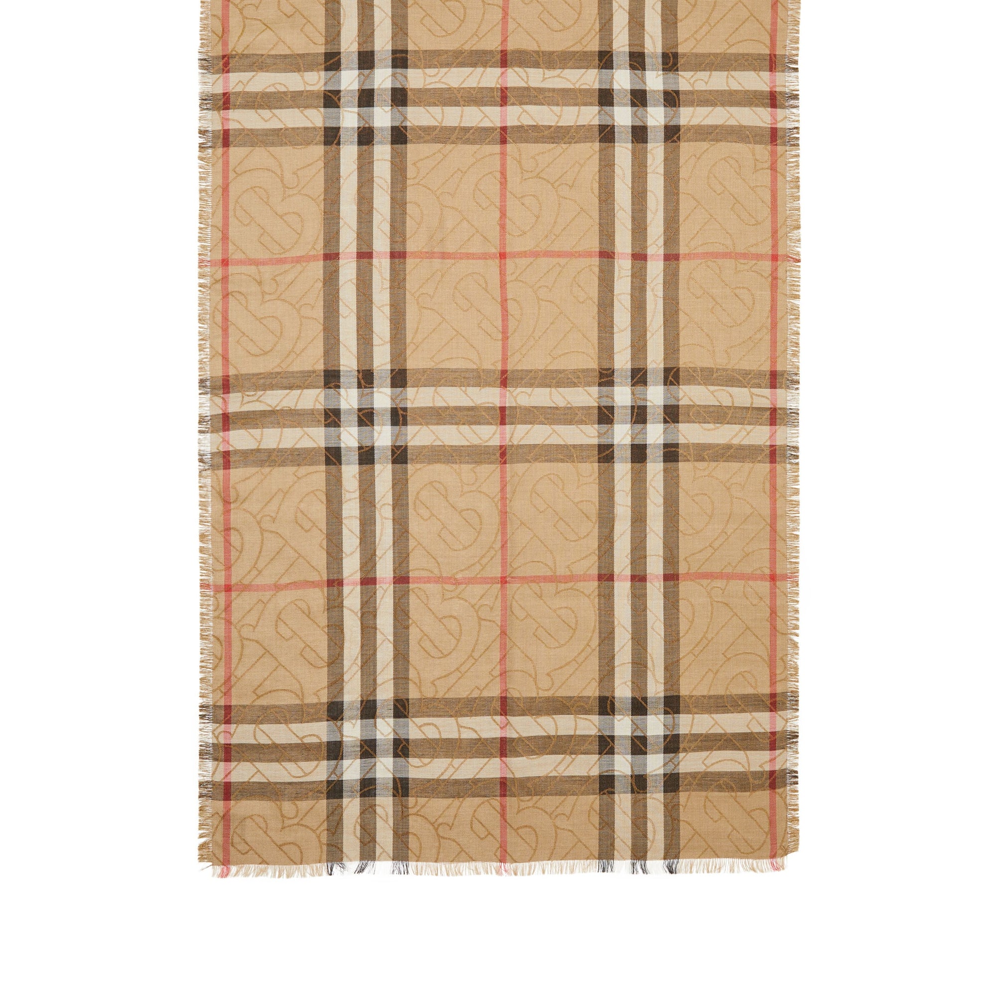 Écharpe légère en soie et laine check métallisée Monogram - Archive Beige