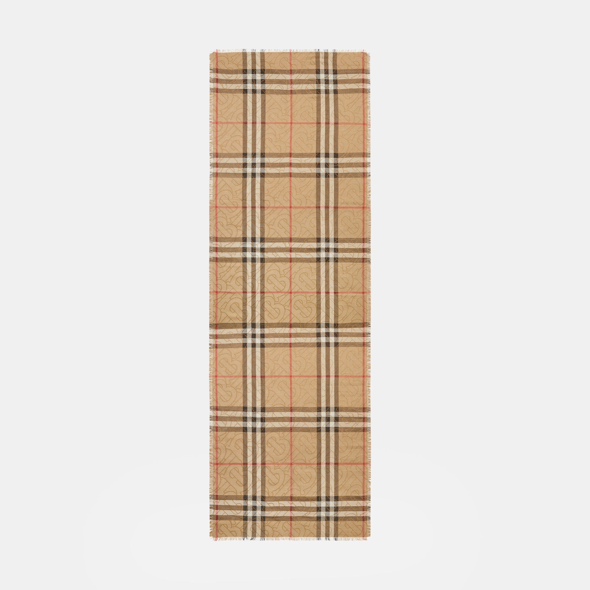 Écharpe légère en soie et laine check métallisée Monogram - Archive Beige