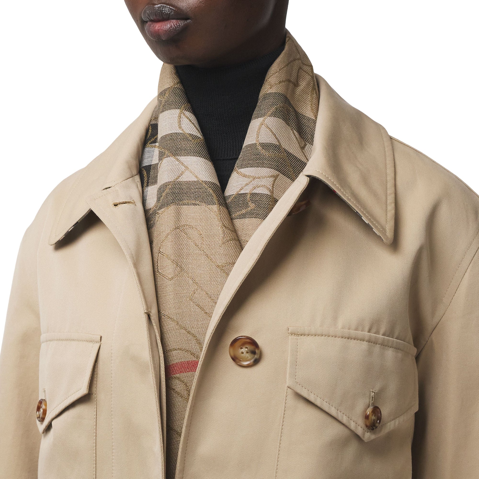 Écharpe légère en soie et laine check métallisée Monogram - Archive Beige