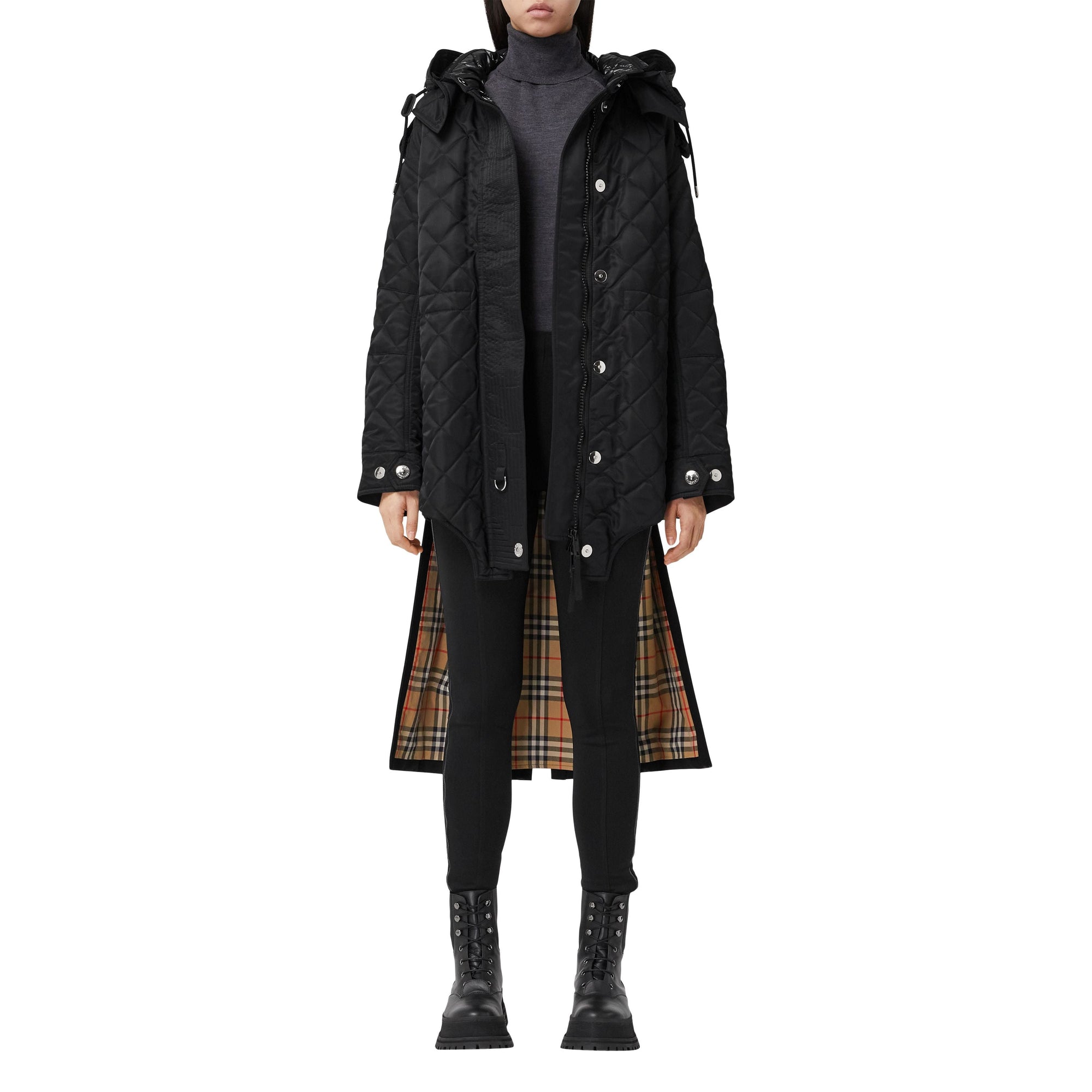 Manteau matelassé en nylon et coton avec capuche amovible - Black