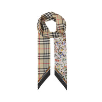 Foulard ultrafin en soie avec Vintage check et imprimé floral - Beige