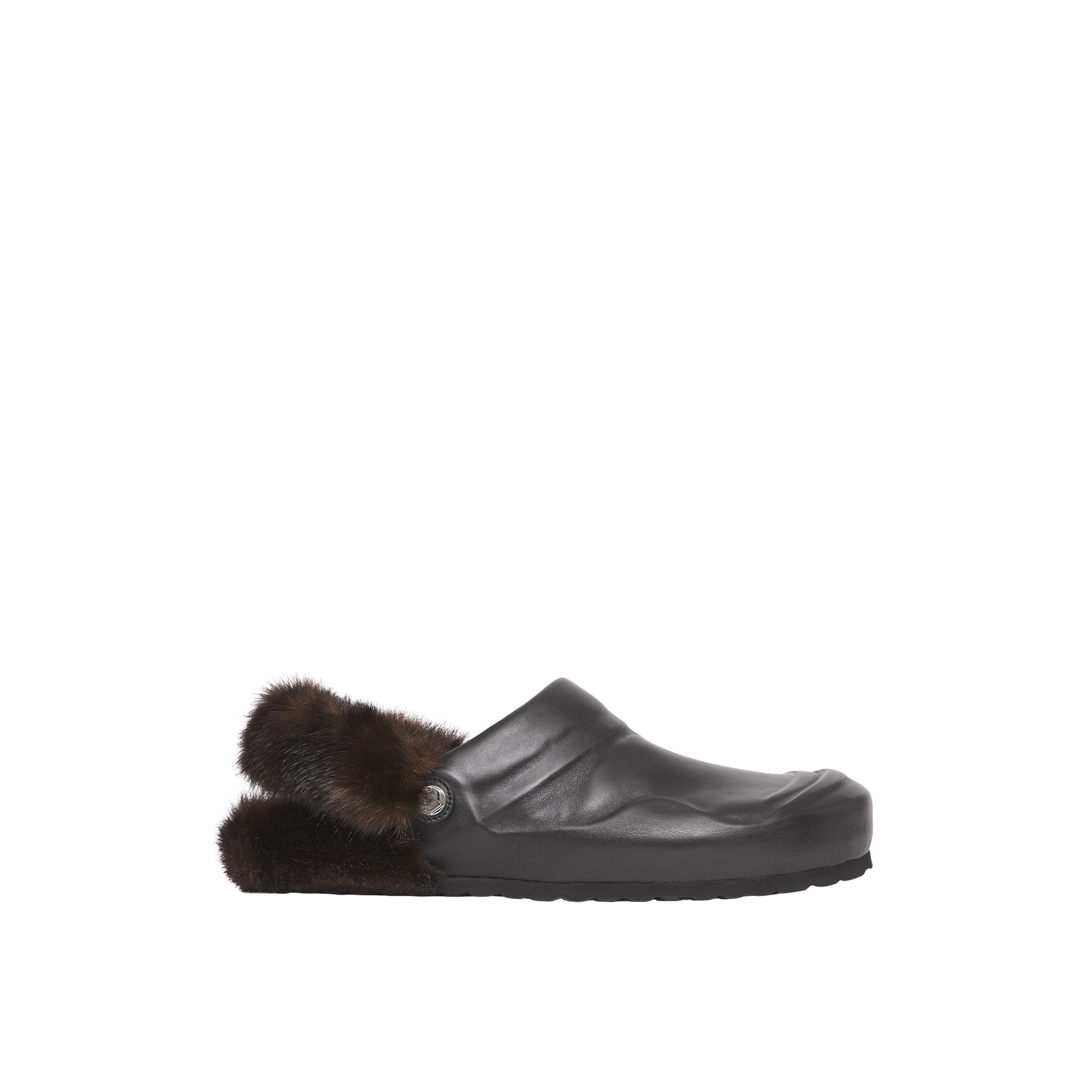 Mules en cuir à talon ouvert avec fausse fourrure - Black