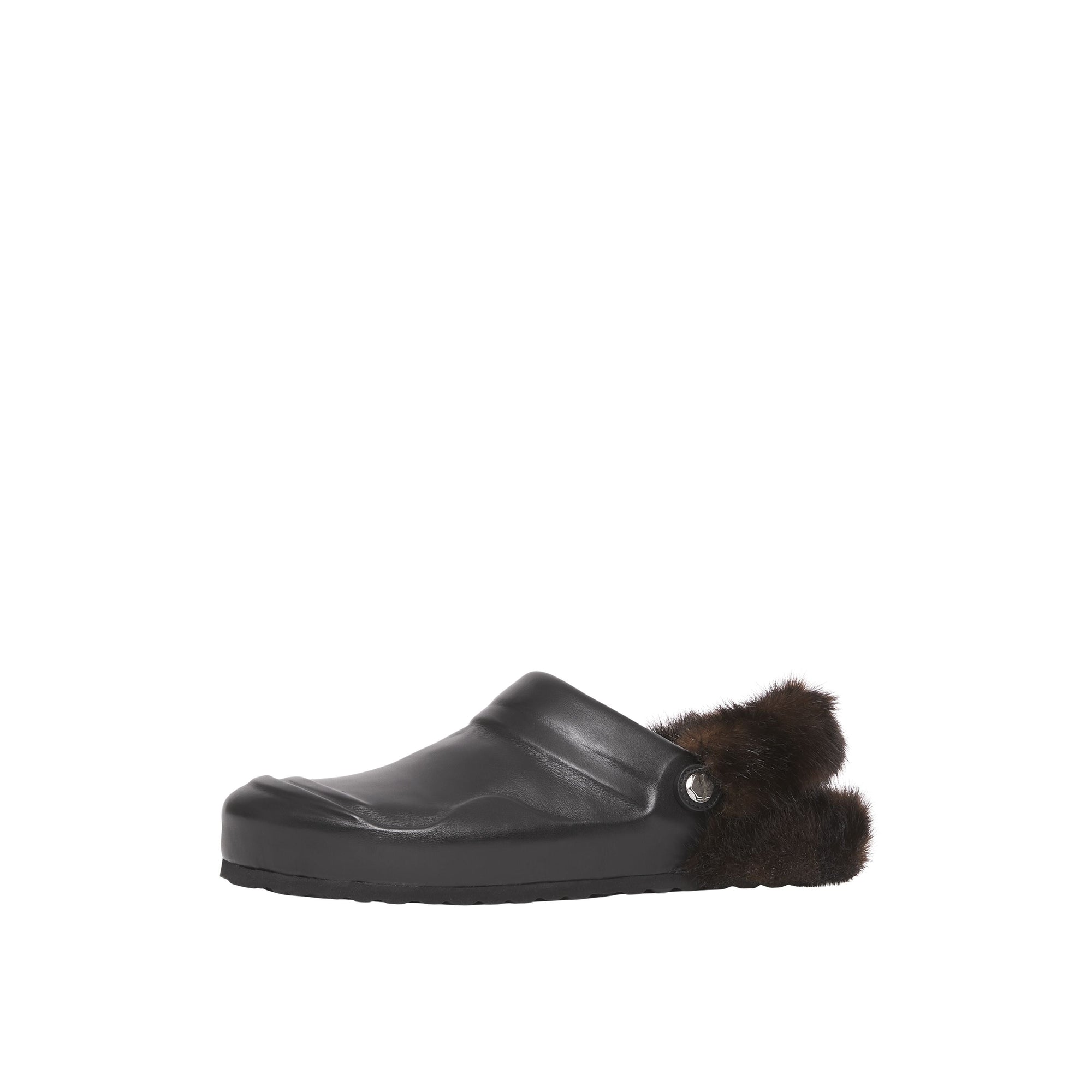 Mules en cuir à talon ouvert avec fausse fourrure - Black