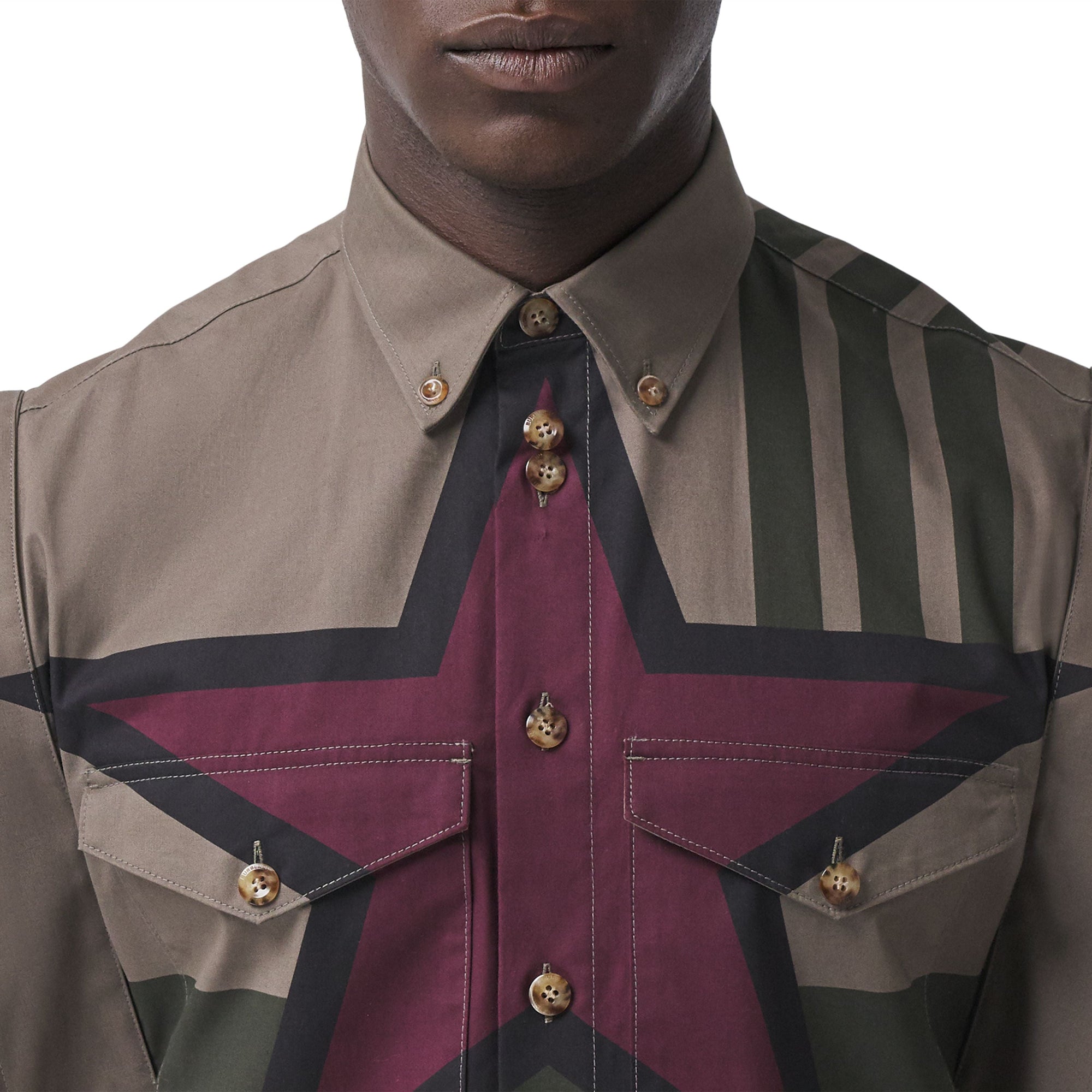 Robe chemise plissée en coton à imprimé géométrique - Khaki