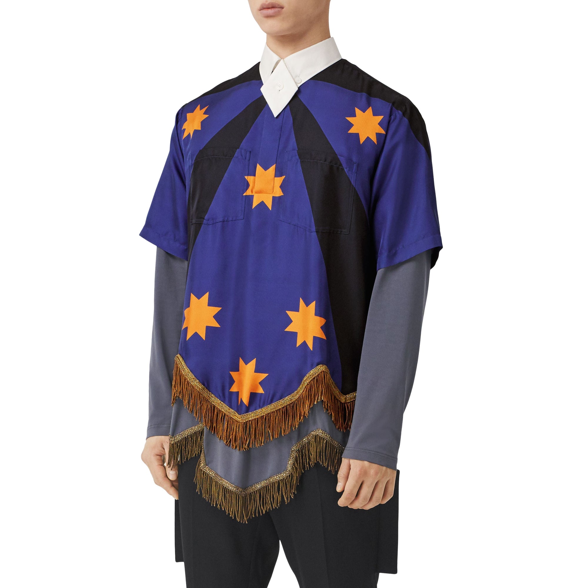 Chemise tunique imprimé géométrique avec franges en soie - Bright Navy