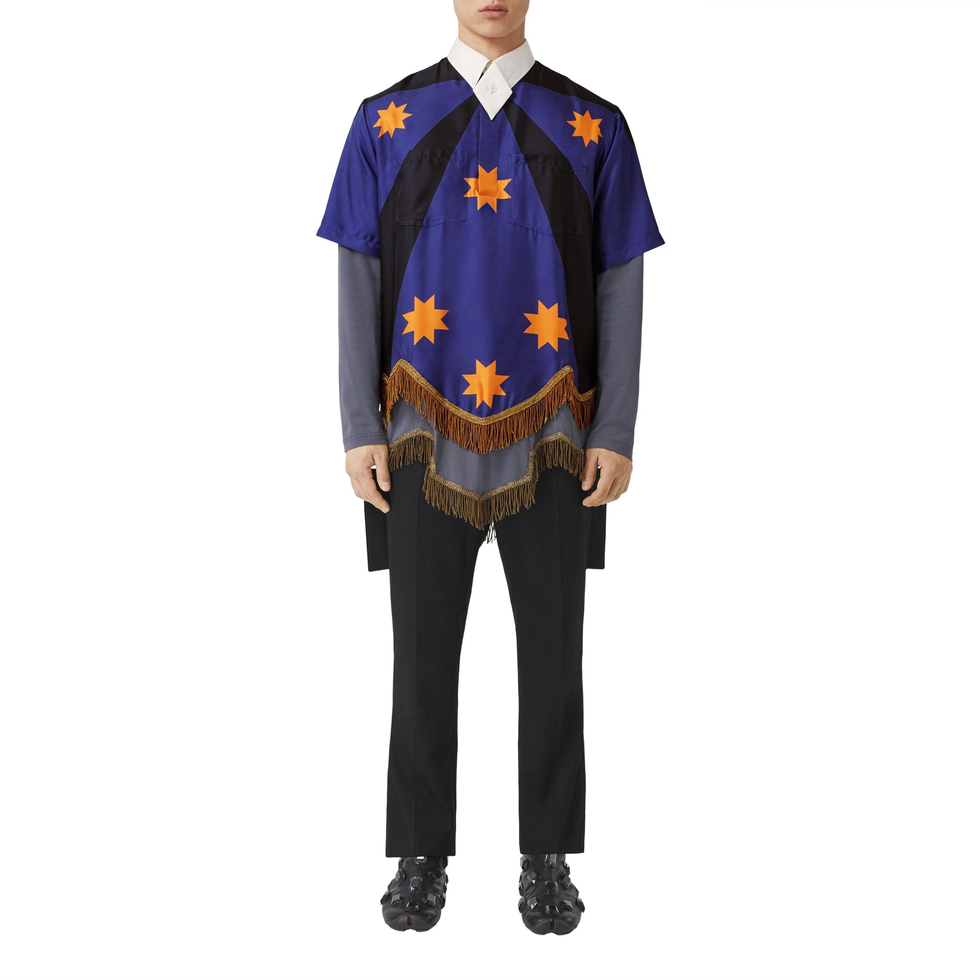 Chemise tunique imprimé géométrique avec franges en soie - Bright Navy