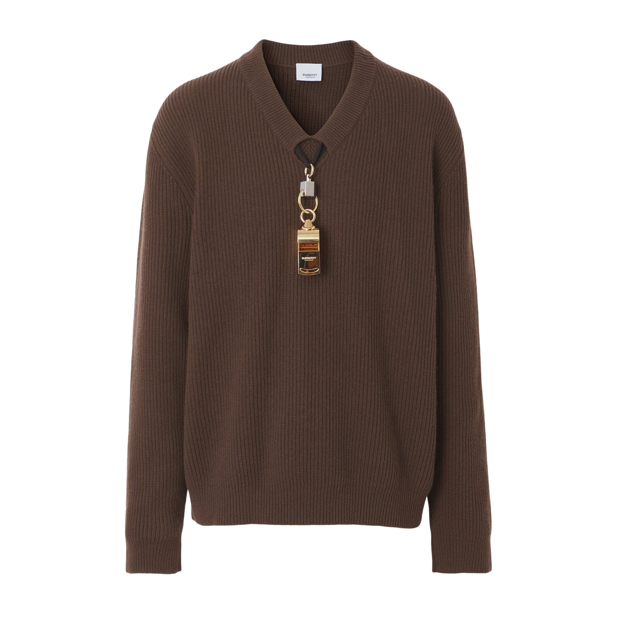 Pull en maille de laine côtelée avec détail sifflet plaqué or - Brown