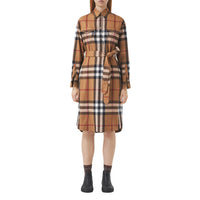 Robe chemise ceinturée en laine check - Birch Brown