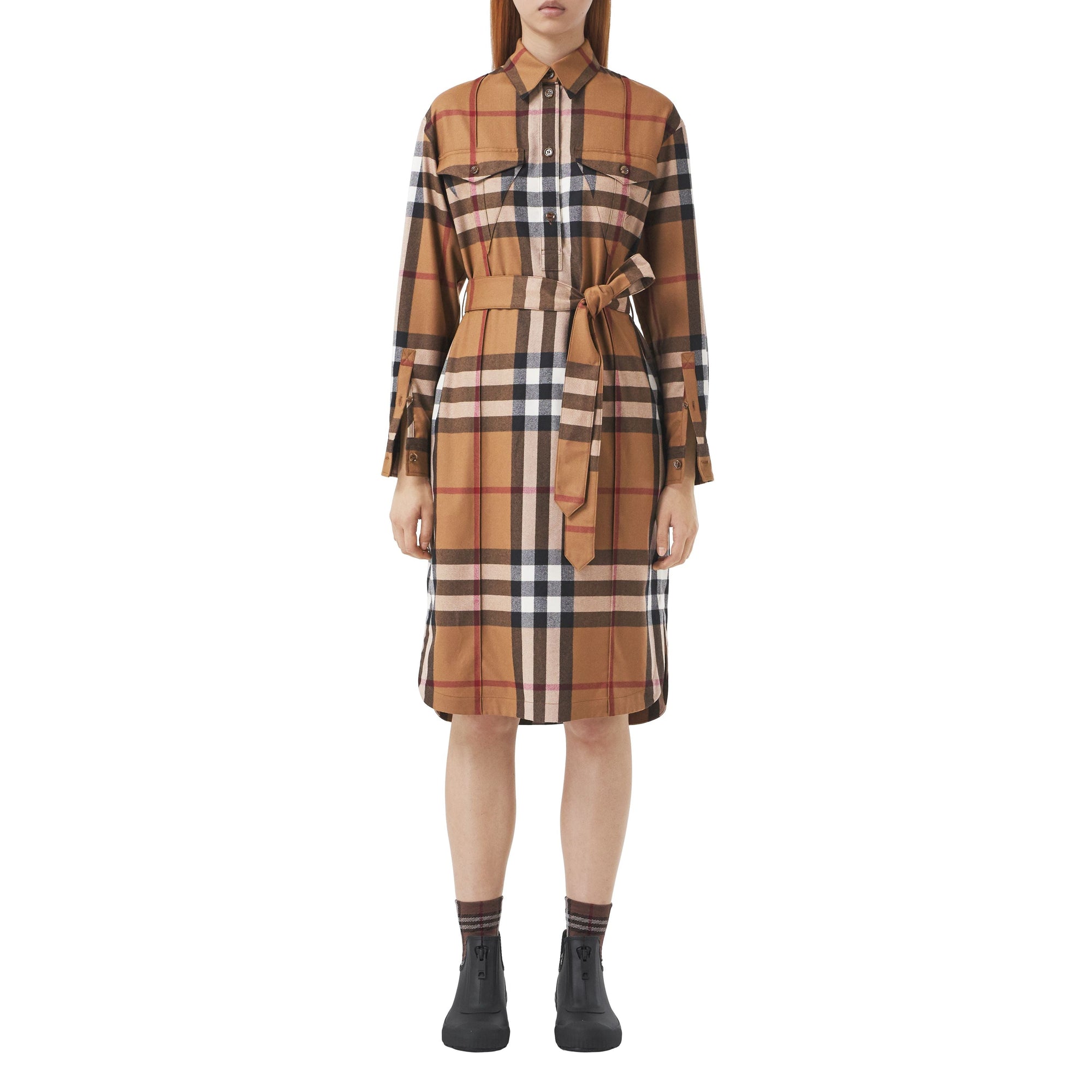 Robe chemise ceinturée en laine check - Birch Brown