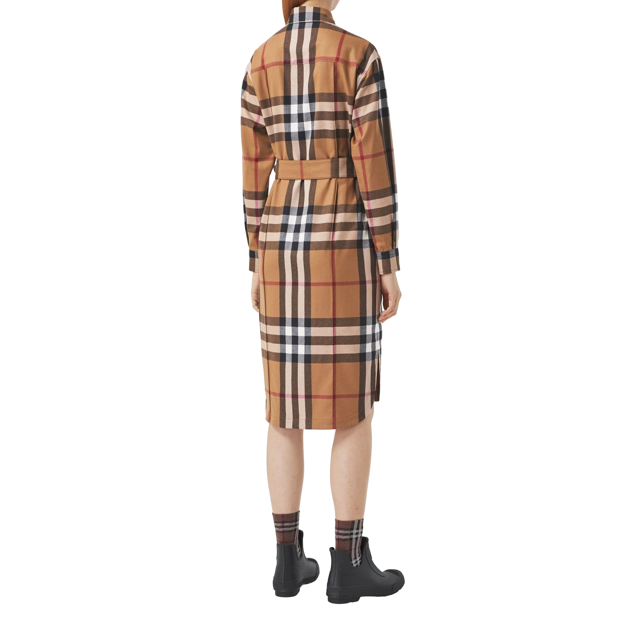 Robe chemise ceinturée en laine check - Birch Brown