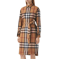 Robe chemise ceinturée en laine check - Birch Brown