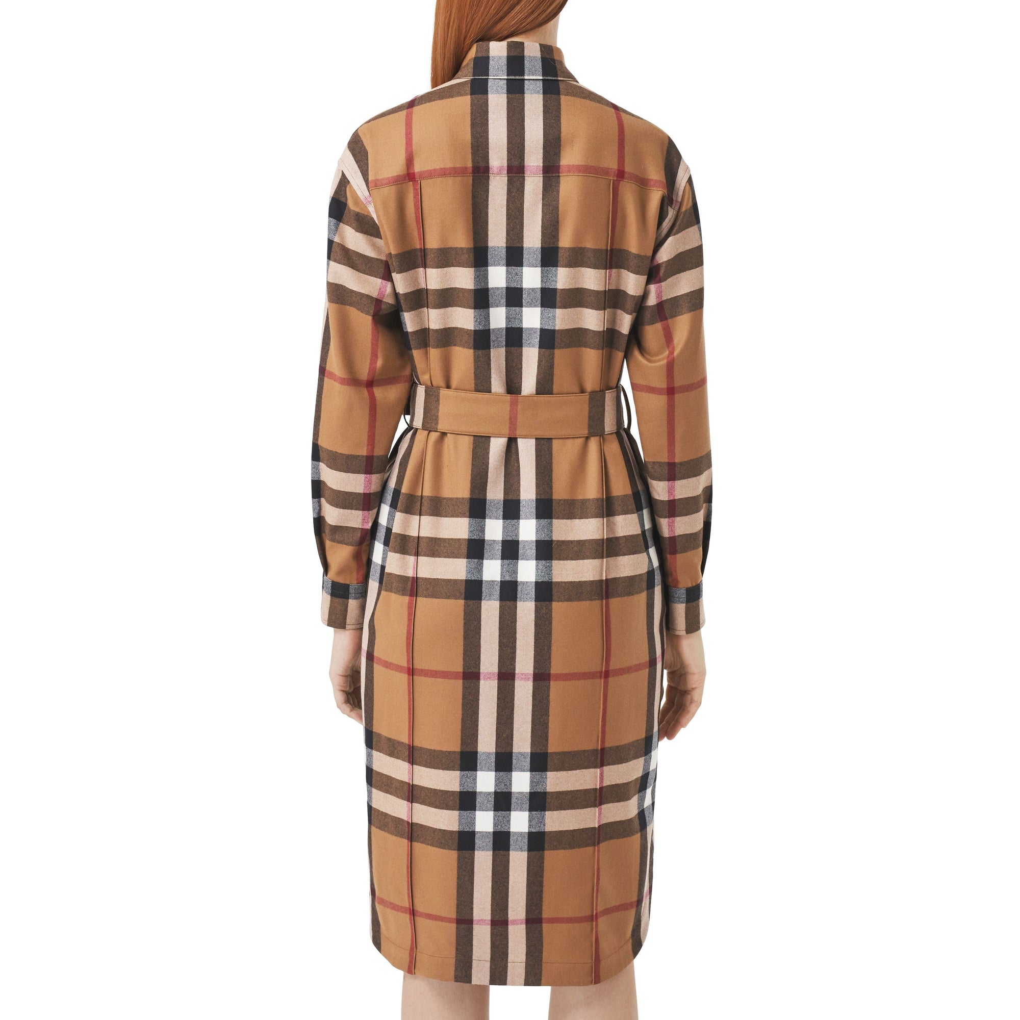 Robe chemise ceinturée en laine check - Birch Brown