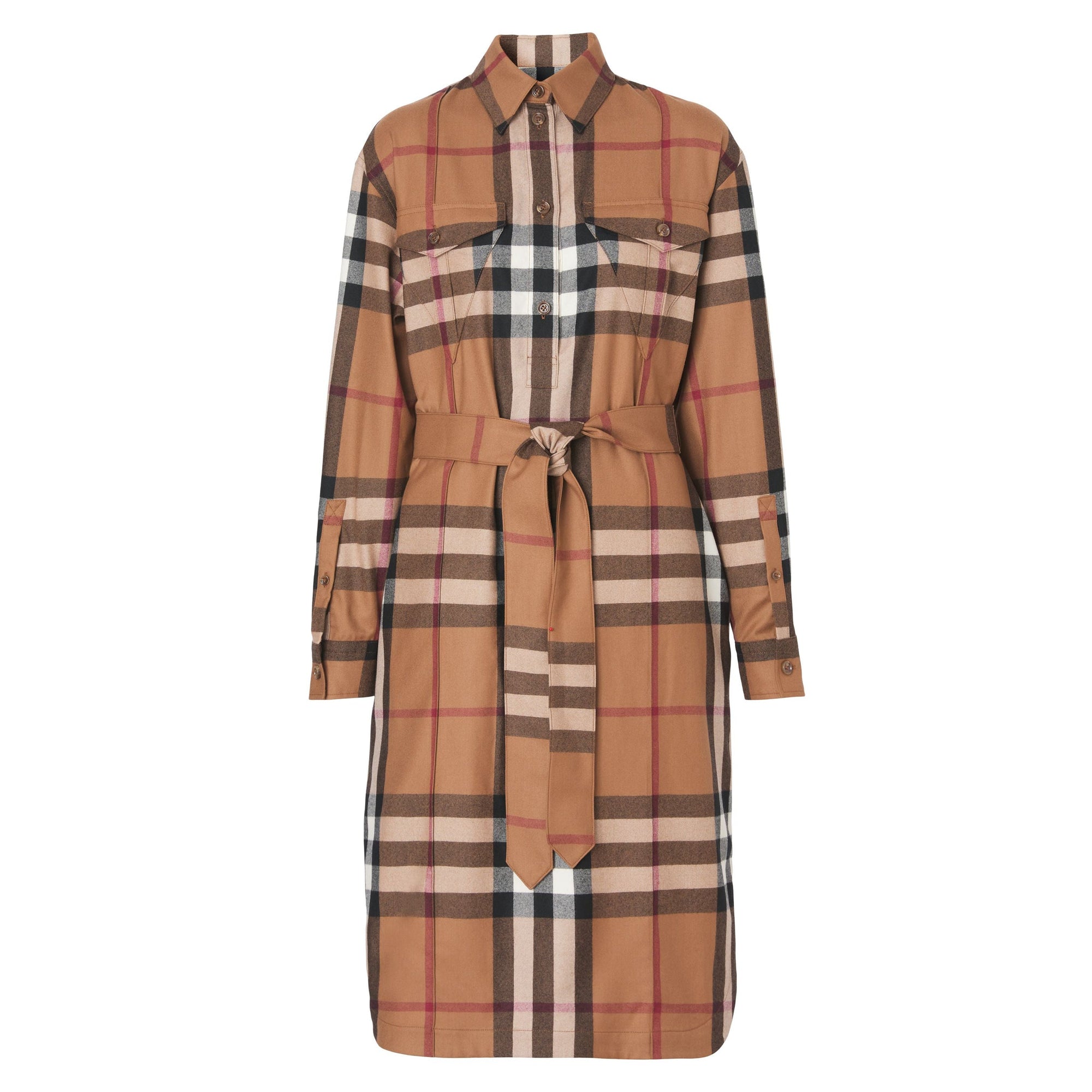 Robe chemise ceinturée en laine check - Birch Brown