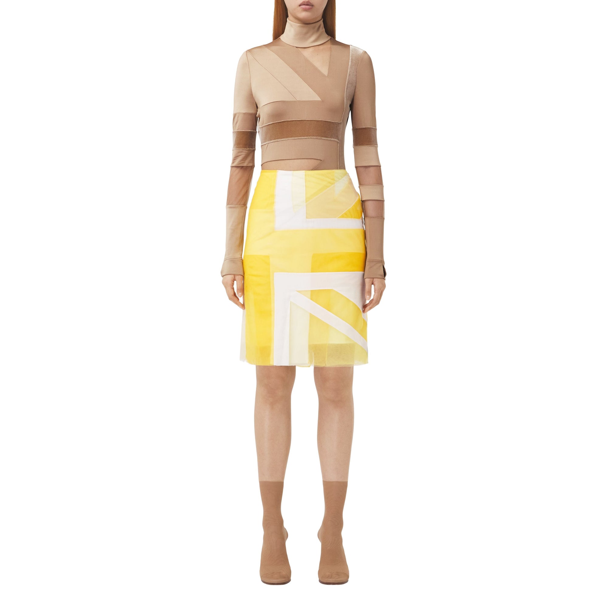 Jupe en tulle et soie avec drapeau en intarsia - Pale Tulip Yellow