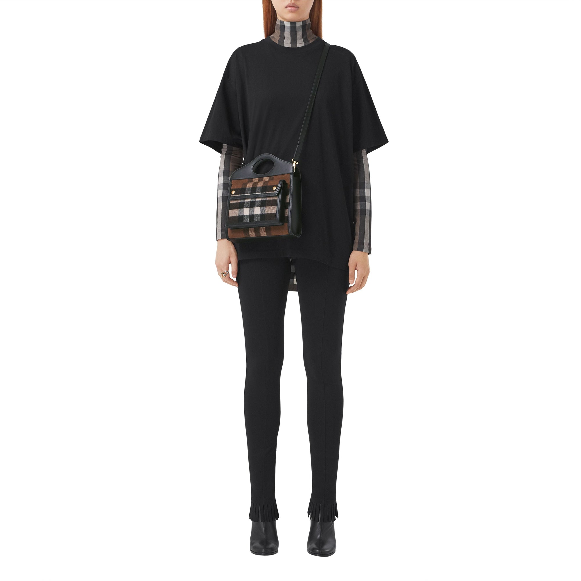 Mini sac Pocket en cachemire check et cuir - Black