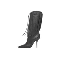 Bottes à cordon de serrage en cuir et cuir d'agneau plongé - Black