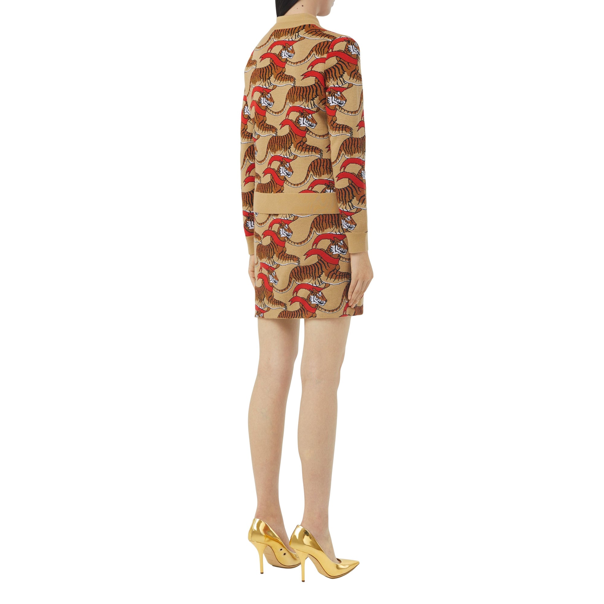 Pull en jacquard de laine technique avec tigre - Honey Beige