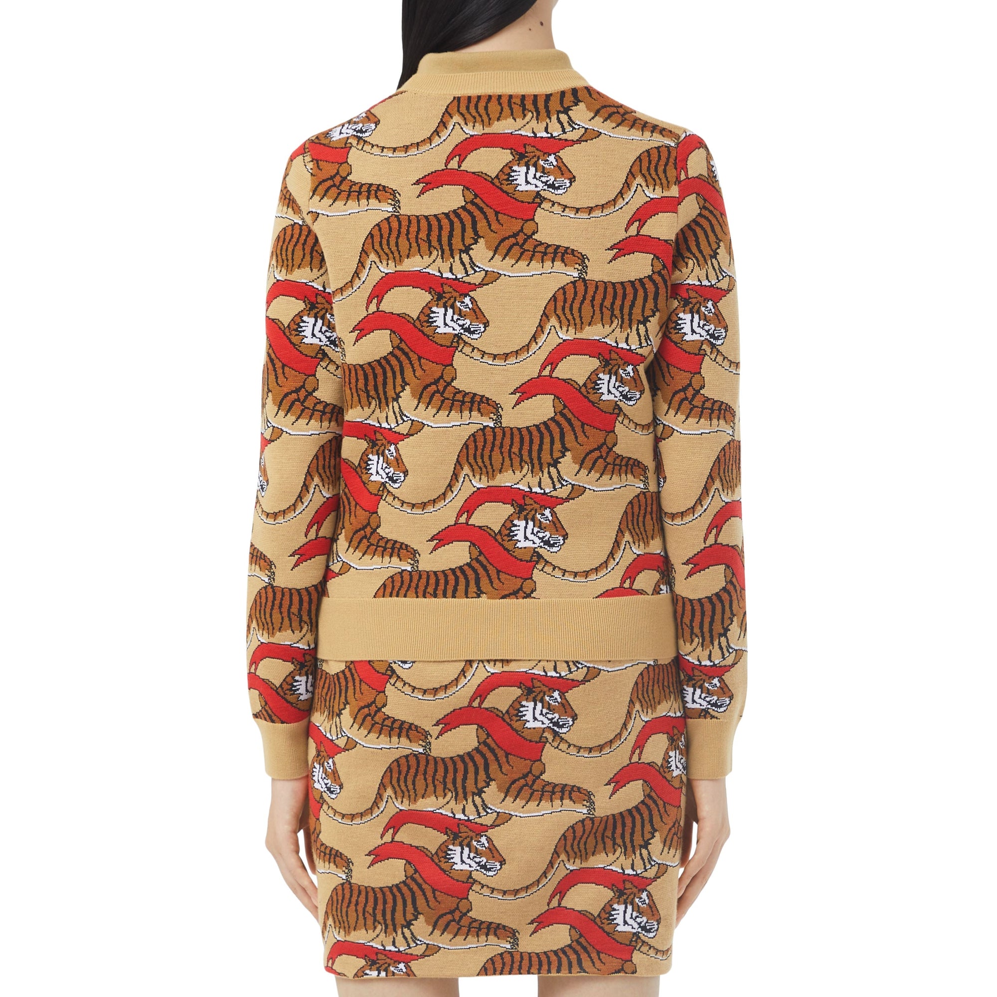 Pull en jacquard de laine technique avec tigre - Honey Beige