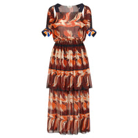 Robe longue col bateau en soie - Orange & Bordeaux