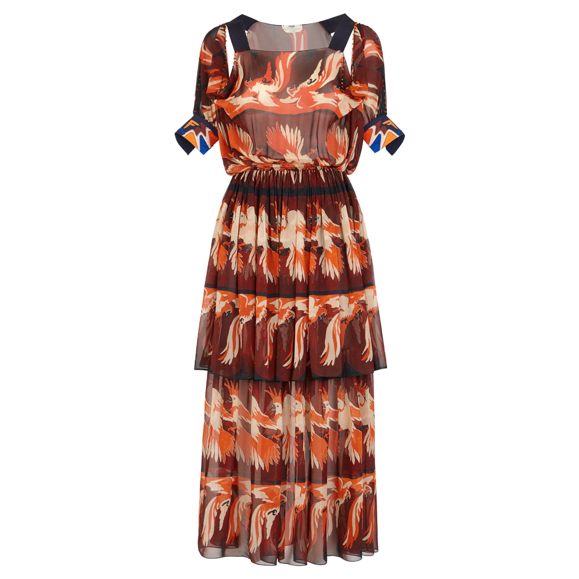 Robe longue col bateau en soie - Orange & Bordeaux