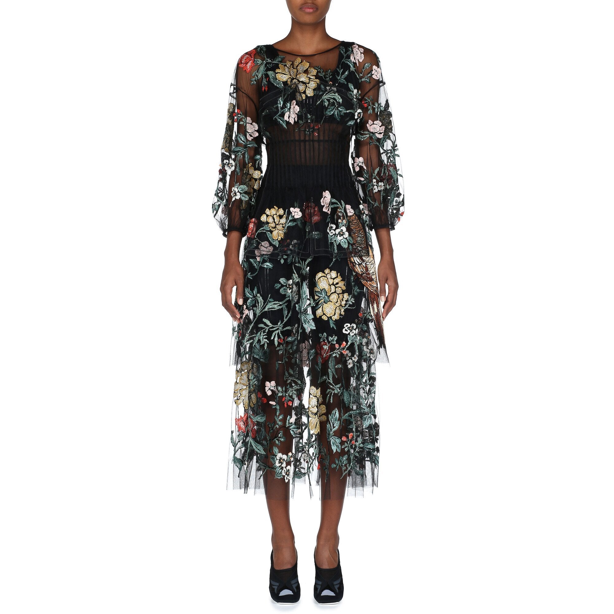 Robe en tulle à motifs fleuris - Noir