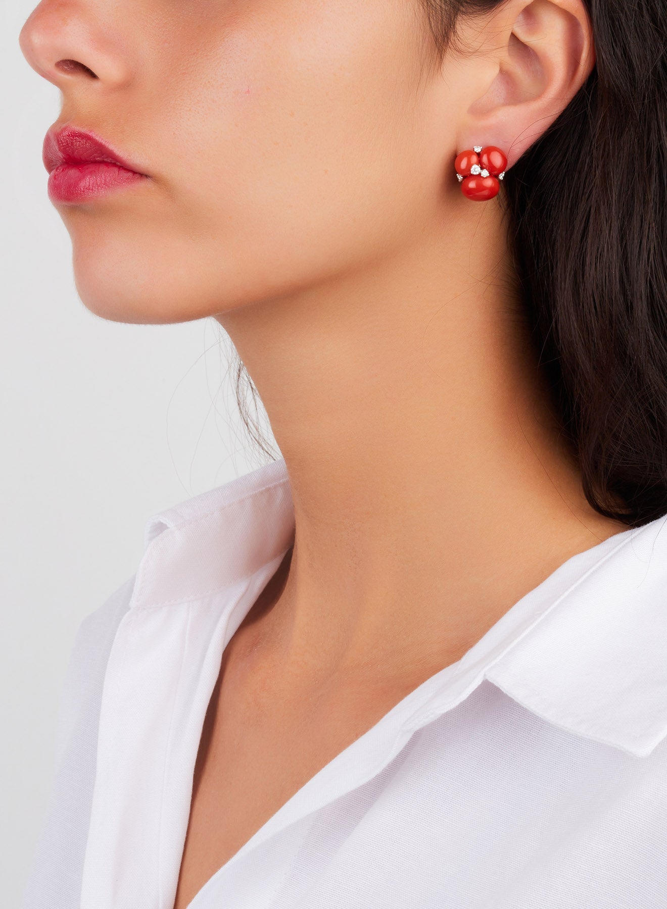 Boucles d'oreilles clips Capri en Or Blanc & Rose 18K & Diamant Blanc et Corail