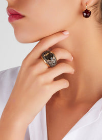 Bague Arabesque en Or Rose 18K & Quartz Fumé Titane et Pyrite